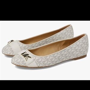 Michael Kors White Logo-Print Ballet Flats with Gold Accent